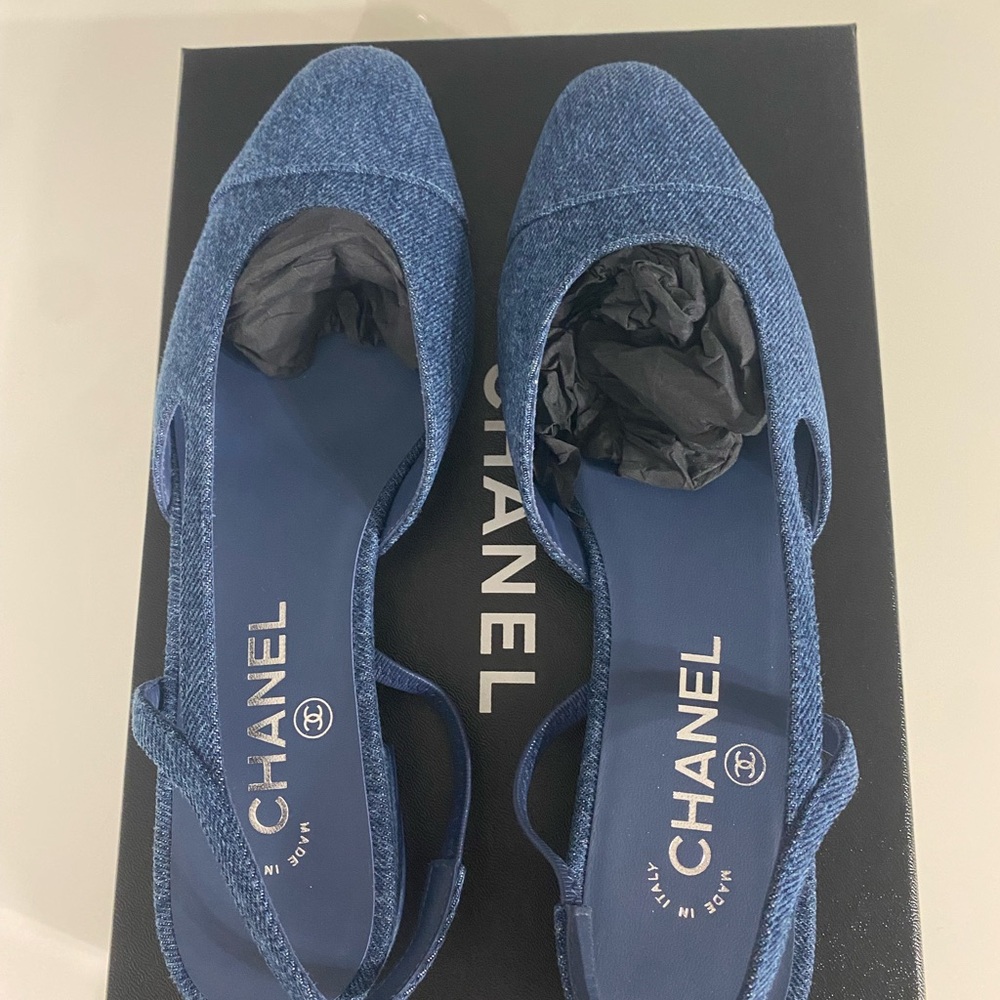 CHANEL Denim Blue Slingback Ballet Flats